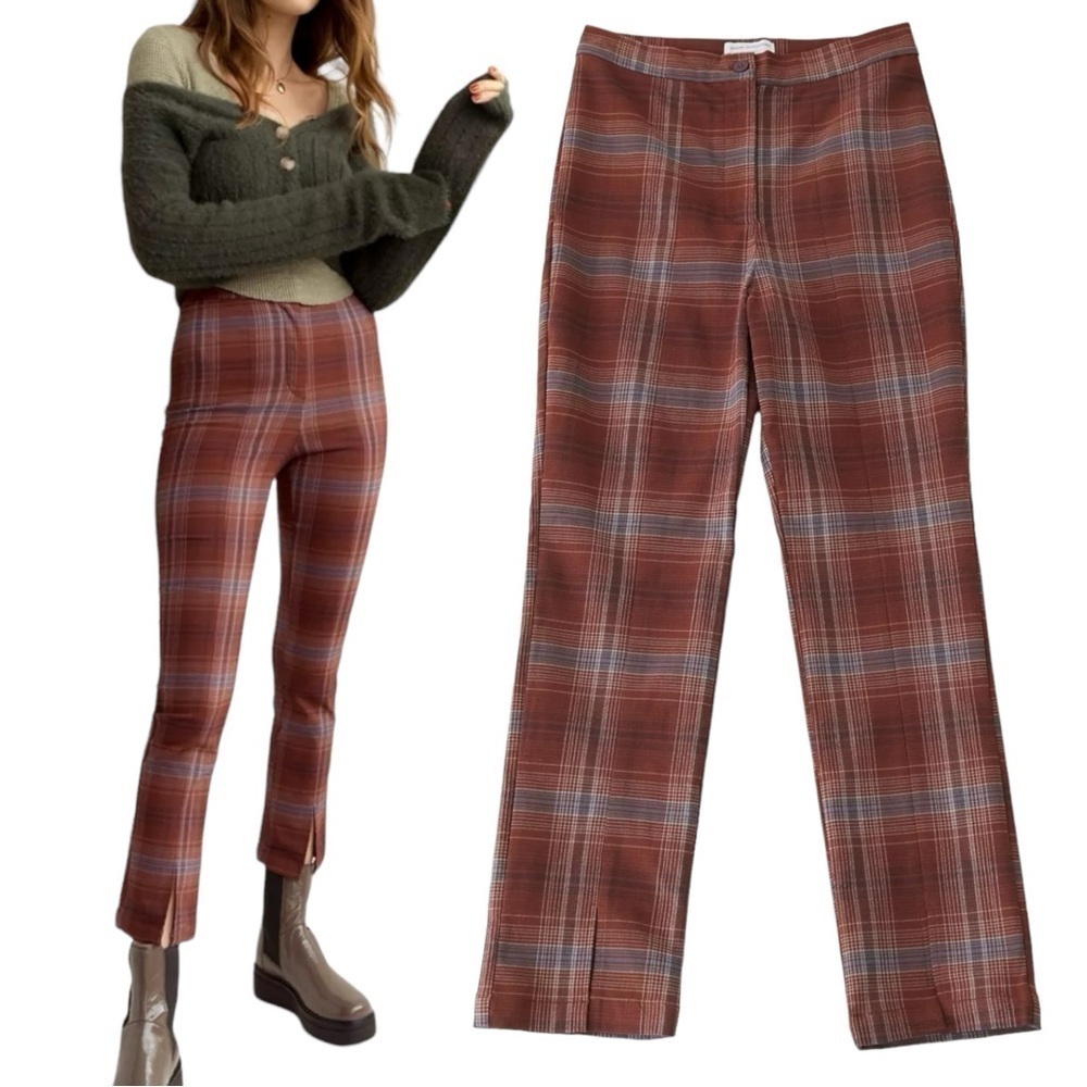 Urban Outfitters Tessa rust orange and blue plaid notched cropped skinny pant
